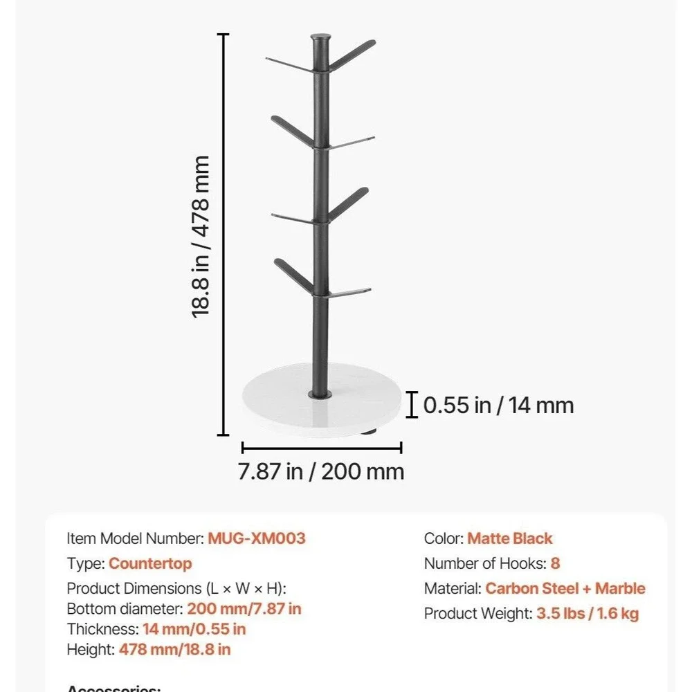 Matte Black Mug Tree w/ Marble Base 8 Hook  18”